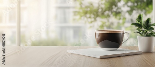 Morning coffee and blank notebook on wooden table inviting creativity and inspiration