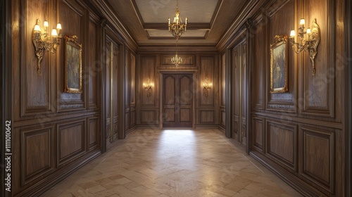 Sophisticated Medieval-Inspired Hallway with Wooden Paneling and Antique Sconces Connecting Home Spaces | Ultra-Detailed Interior Design Concept