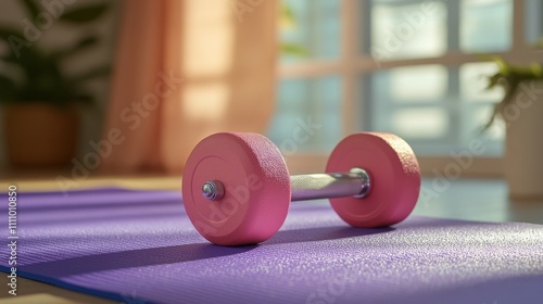 Bright pink dumbbell rests on purple exercise mat in a sunlit room with plants