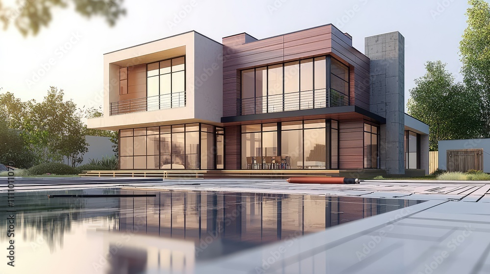 Fototapeta premium Modern Architectural Design of Contemporary House with Large Windows, Open Spaces, and Tranquil Outdoor Pool Area Surrounded by Lush Greenery in Bright Natural Light