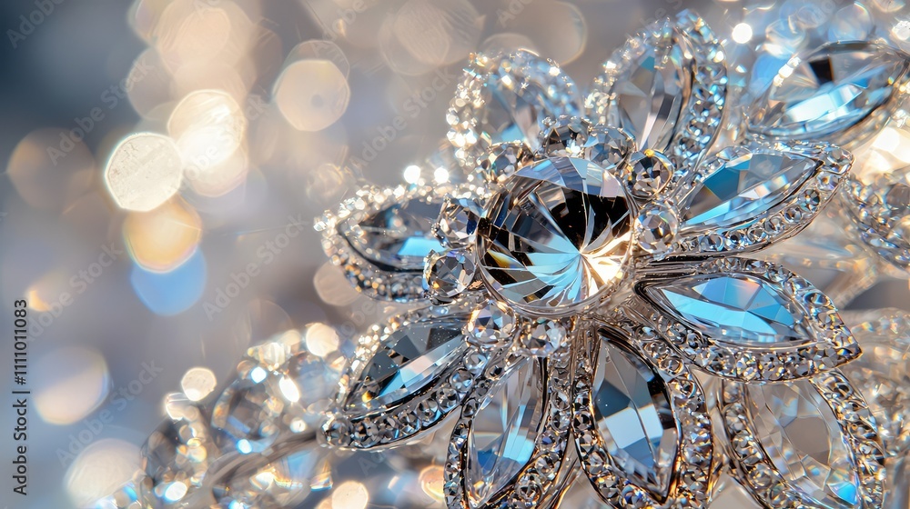Stunning Close-Up of an Intricately Designed Silver Floral Brooch Adorned with Sparkling Clear Crystals and Elegant Reflective Accents on a Soft Bokeh Background Stunning Close-Up of an Intricately Designed Silver Floral Brooch Adorned with Sparkling Clear Crystals and Elegant Reflective Accents on a Soft Bokeh Background