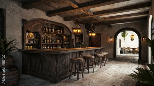 Modern-Medieval Home Bar: Rustic Wooden Counter with Medieval Decor, Inviting Entertainment Space | Ultra-Detailed Photorealistic Interior Design Image