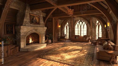 Modern-Medieval Fusion: Cozy Living Room with Fireplace and Artwork | Ultra-Detailed Interior Design Concept Image