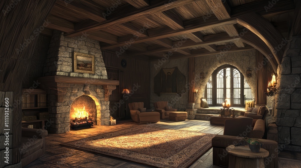Luxurious Modern-Medieval Family Room with Fireplace and Cozy Furnishings for Relaxation | Ultra-Detailed Interior Design Concept Luxurious Modern-Medieval Family Room with Fireplace and Cozy Furnishings for Relaxation | Ultra-Detailed Interior Design Concept