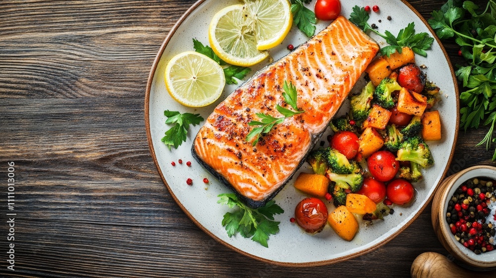 A plate featuring grilled salmon with vegetables and lemon, showcasing a healthy meal. A plate featuring grilled salmon with vegetables and lemon, showcasing a healthy meal.