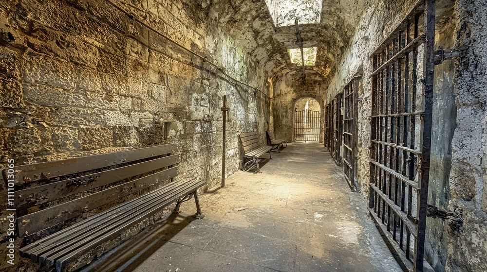 Historic Prison Hallway with Stone Walls and Iron Bars, Capturing the Atmosphere of a Dark and Gloomy Cell Block in an Abandoned Correctional Facility Historic Prison Hallway with Stone Walls and Iron Bars, Capturing the Atmosphere of a Dark and Gloomy Cell Block in an Abandoned Correctional Facility