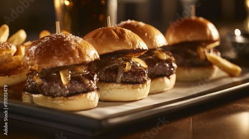 Photo of, A plate of gourmet sliders made with wagyu beef and topped with caramelized onions, Sliders on plate