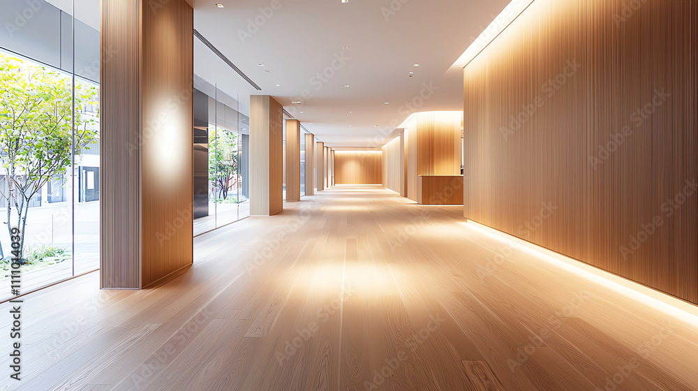 Obraz premium A modern, well-lit interior corridor featuring warm wooden finishes and large windows. The ambiance is serene and inviting, perfect for showcasing architectural sophistication.