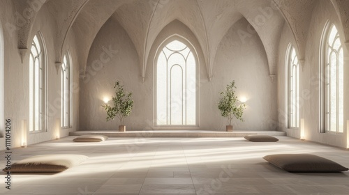 Tranquil Modern-Medieval Meditation Space with Soft Lighting and Large Windows for Mindfulness and Relaxation