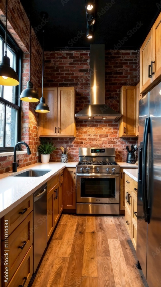 Industrial loft kitchen with wooden cabinets, brick walls, and metal pendant lights, warm homey lighting Industrial loft kitchen with wooden cabinets, brick walls, and metal pendant lights, warm homey lighting