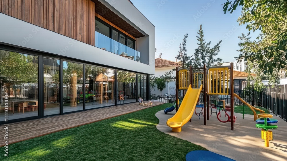 Modern house with playground and children's play area.