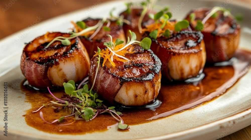 Photo of, A plate of savory bacon-wrapped scallops served with a sweet and tangy orange glaze, Bacon-wrapped scallops plate centered Photo of, A plate of savory bacon-wrapped scallops served with a sweet and tangy orange glaze, Bacon-wrapped scallops plate centered