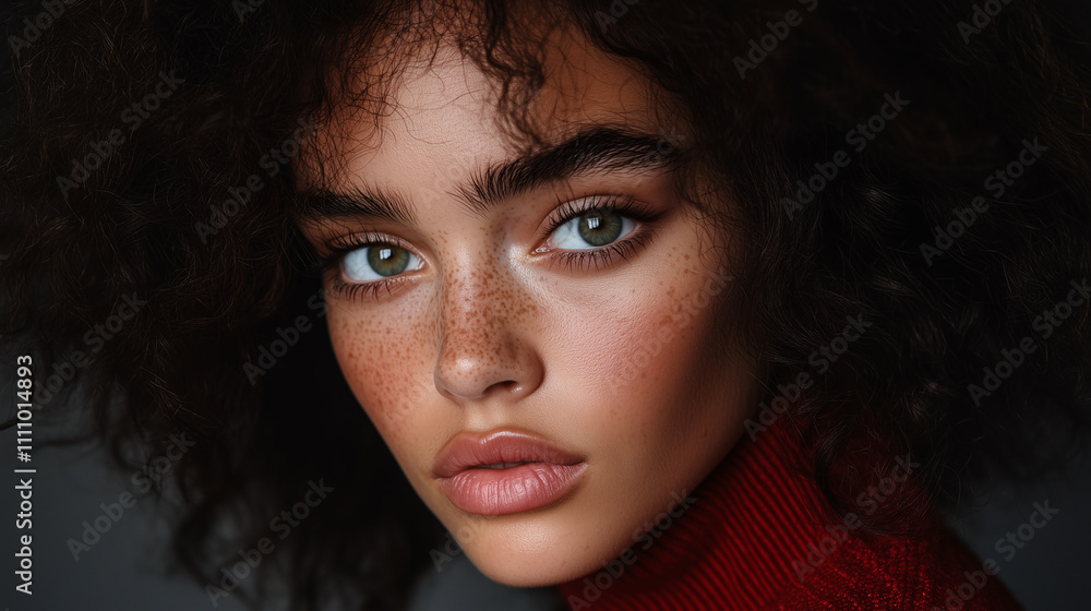 close up portrait of a woman with curly wavy brown hair in red turtleneck set against grey background close up portrait of a woman with curly wavy brown hair in red turtleneck set against grey background