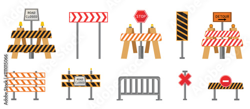 Construction warning fence collection in a flat design. Under construction road barrier