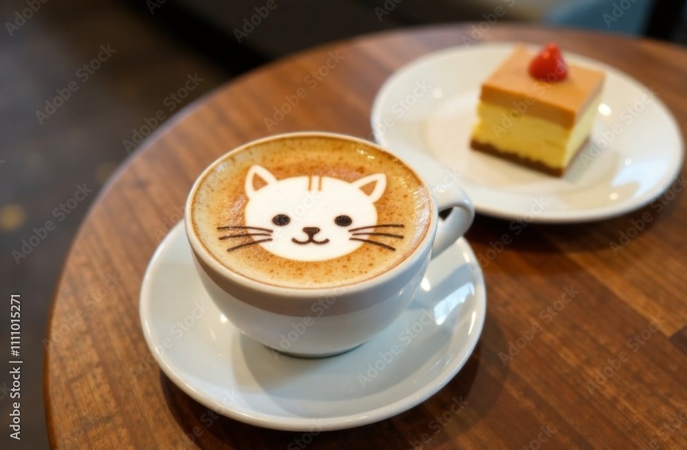 The face of a cute cat is drawn with cinnamon on the milk foam of a cup of cappuccino, latte. Nearby there is dessert on the cafe table The face of a cute cat is drawn with cinnamon on the milk foam of a cup of cappuccino, latte. Nearby there is dessert on the cafe table