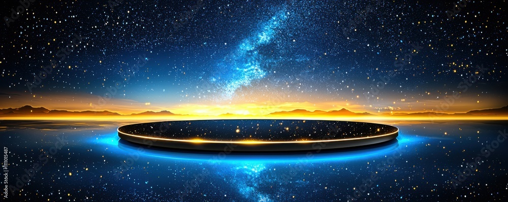 A stunning cosmic scene featuring a glowing circular horizon against a starry sky, blending colors of blue and orange at twilight. A stunning cosmic scene featuring a glowing circular horizon against a starry sky, blending colors of blue and orange at twilight.