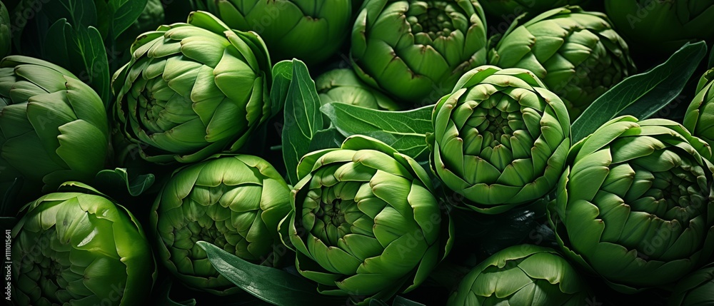Fresh Green Artichokes with Vibrant Leaves in Abundant Harvest Arrangement Fresh Green Artichokes with Vibrant Leaves in Abundant Harvest Arrangement