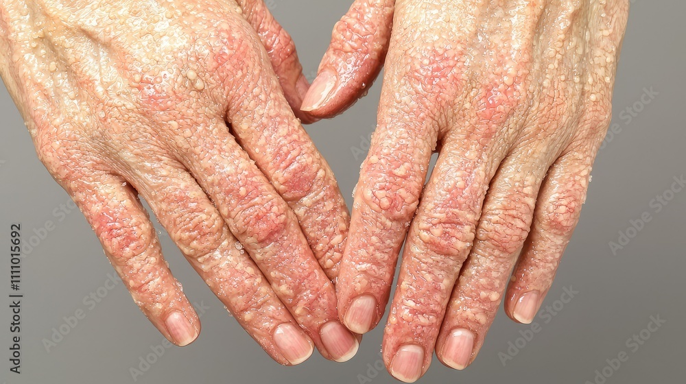 Fototapeta premium Close-Up of Dry, Scaly Hands with Red Patches and Skin Irritation, Illustrating Effects of Skin Conditions Such as Psoriasis and Eczema on Aging Hands against Gray Background
