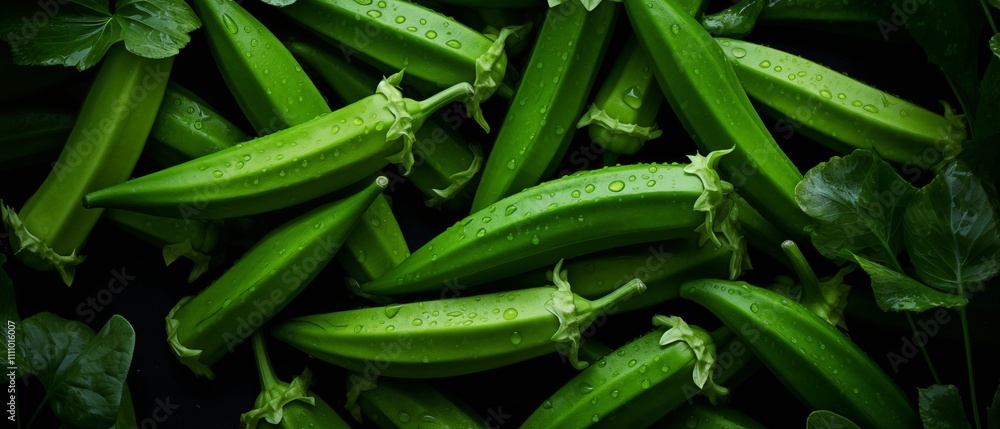 Fototapeta premium Fresh Water-Drenched Green Okra Arranged Among Green Leaves