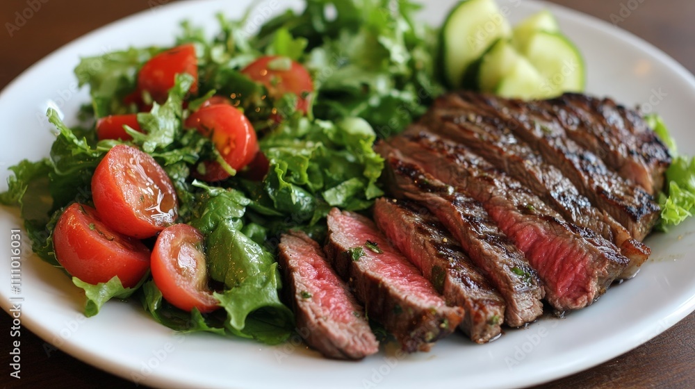 A plate featuring grilled steak slices alongside a fresh salad with tomatoes and cucumbers. A plate featuring grilled steak slices alongside a fresh salad with tomatoes and cucumbers.