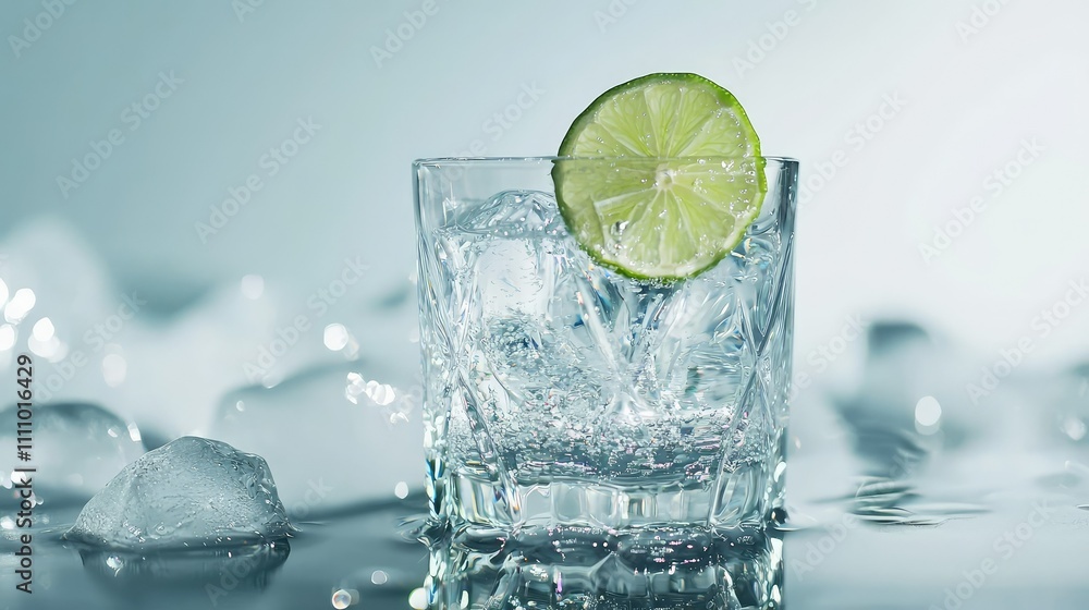 Refreshing Drink with Lime Slice and Ice Cubes in Crystal Glass on Shimmering Surface Ideal for Refreshment and Summertime Vibes in Stylish Presentation Refreshing Drink with Lime Slice and Ice Cubes in Crystal Glass on Shimmering Surface Ideal for Refreshment and Summertime Vibes in Stylish Presentation