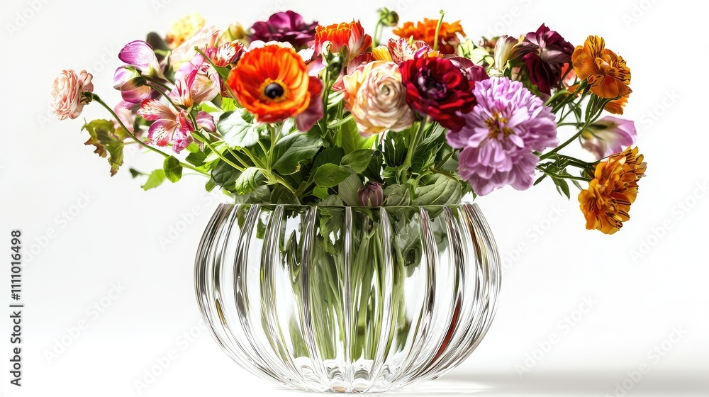 Obraz premium Beautiful arrangement of colorful ranunculus flowers in an elegant glass vase, showcasing vibrant blooms against a soft background for floral enthusiasts.