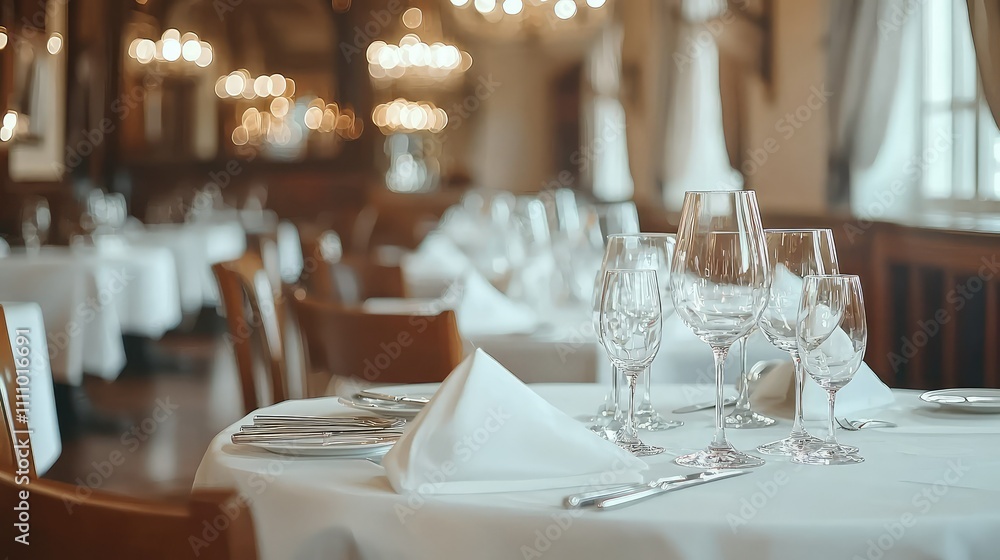 Elegant dining setting with beautifully arranged tables, sparkling glassware, and soft lighting creating a luxurious atmosphere for an unforgettable dining experience Elegant dining setting with beautifully arranged tables, sparkling glassware, and soft lighting creating a luxurious atmosphere for an unforgettable dining experience