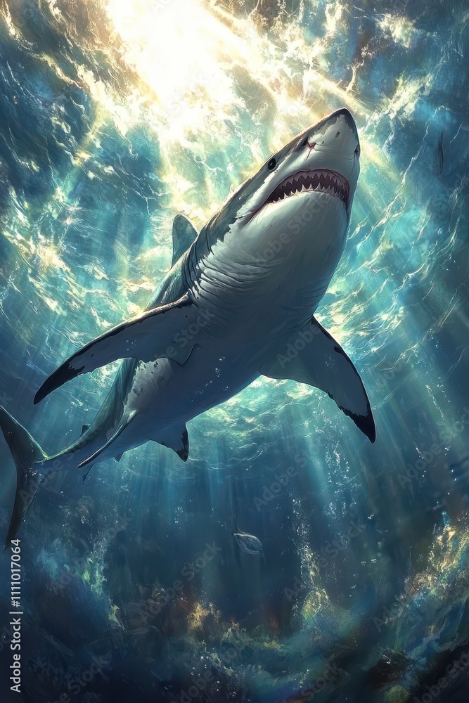 Fototapeta premium Majestic Great White Shark Gliding Through Crystal Clear Ocean Waters Illuminated by Sunlight in an Underwater Wonderland