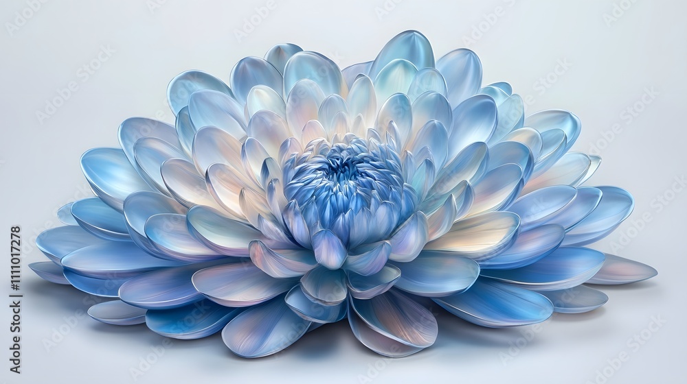 Obraz premium A vibrant, stylized, light blue chrysanthemum flower with iridescent petals, set against a soft light gray background.