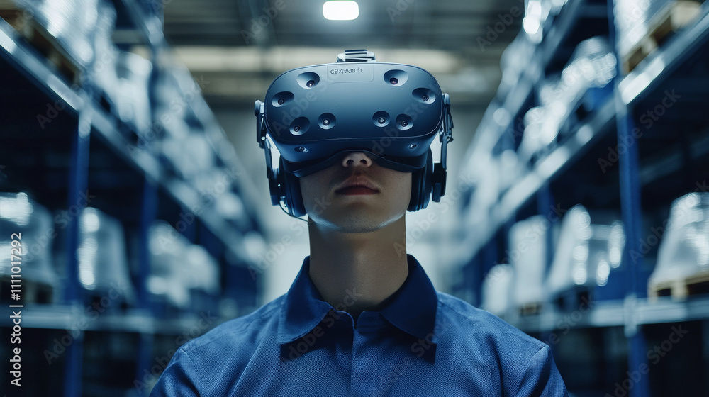 Future virtual reality technology for innovative VR warehouse management . Concept of smart technology for industrial revolution and automated logistic control . Future virtual reality technology for innovative VR warehouse management . Concept of smart technology for industrial revolution and automated logistic control .