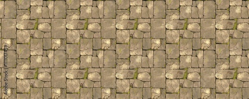 seamless pattern of Cracked stone pavement texture  Beige brown stones with green moss  Rustic, aged, natural feel  Autumnal mood 