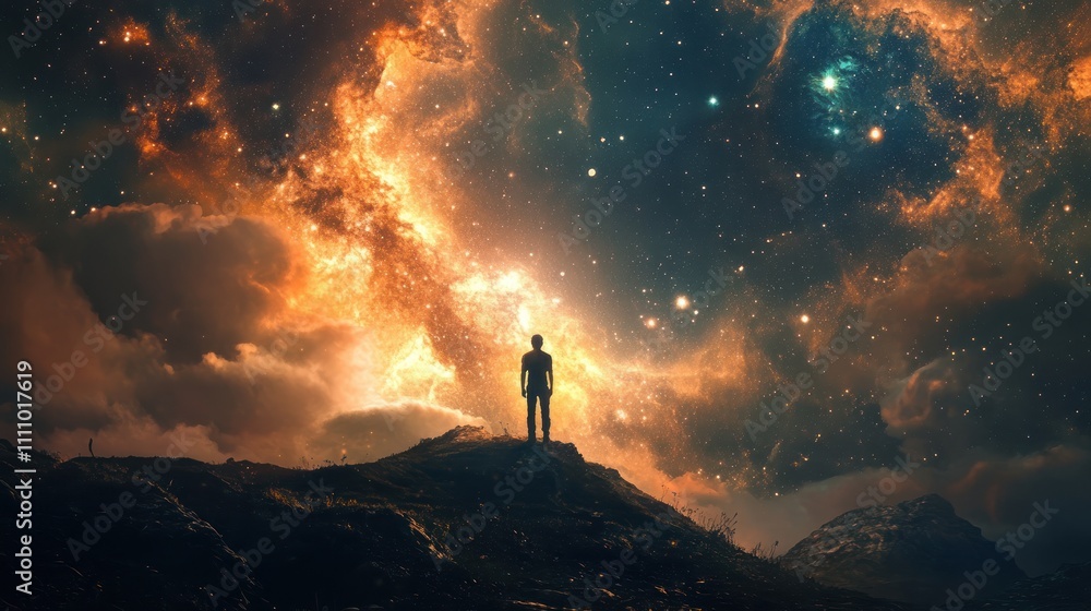 Fototapeta premium A solitary figure gazes at a vibrant cosmic landscape.