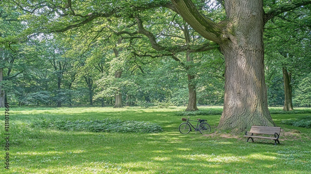 Tranquil Summer Day in the Park: Bicycle and Bench Under a Majestic Oak Tree Tranquil Summer Day in the Park: Bicycle and Bench Under a Majestic Oak Tree