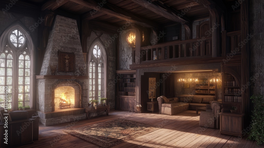 Modern-Medieval Fusion: Cozy Family Room with Fireplace and Modern Furniture, Ideal for Intimate Gatherings | Ultra-Detailed Interior Design Concept Modern-Medieval Fusion: Cozy Family Room with Fireplace and Modern Furniture, Ideal for Intimate Gatherings | Ultra-Detailed Interior Design Concept