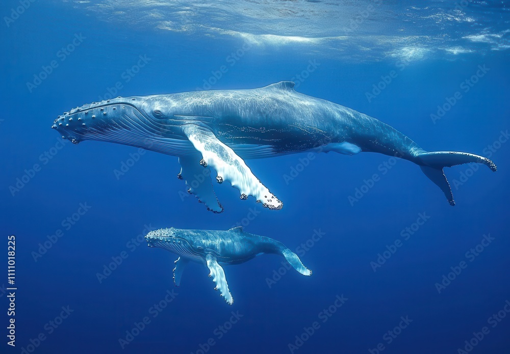 Fototapeta premium Majestic Humpback Whales Swimming Gracefully Beneath the Ocean Surface in Crystal Clear Waters, Showcasing Nature's Aquatic Wonders and Marine Life