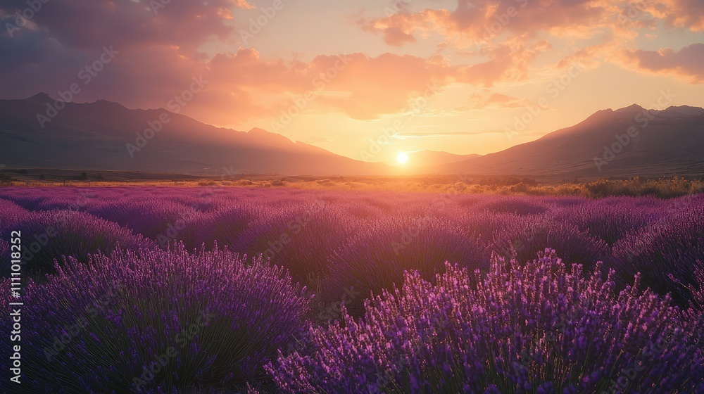 Serene Sunset Over Lavender Fields with Majestic Mountains in the Background and a Soft Glow Illuminating the Vibrant Purple Blooms Under a Colorful Sky Serene Sunset Over Lavender Fields with Majestic Mountains in the Background and a Soft Glow Illuminating the Vibrant Purple Blooms Under a Colorful Sky