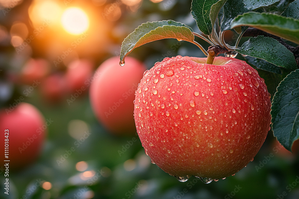 Obraz premium A Dew Covered Red Apple Hanging On A Tree Branch