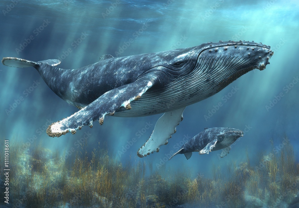 Fototapeta premium Majestic Humpback Whales Swimming Gracefully Underwater with Beautiful Blue Tones and Vibrant Marine Life Enhancing the Serene Ocean Scene
