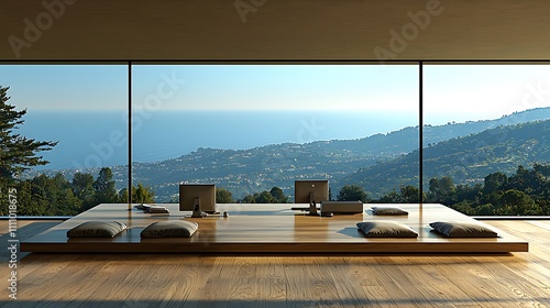 Panoramic view from minimalist home office with wooden platform  computers  and cushions.