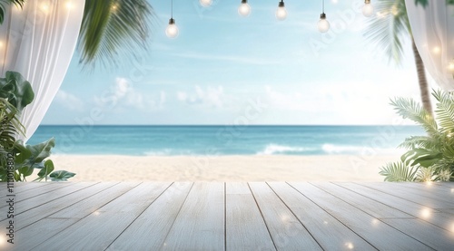Waterfront setting with curtains and lights  perfect for a serene gathering by the beach