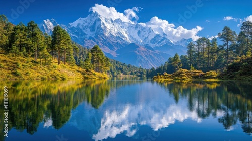 Majestic Mountain Landscape with Clear Reflections in Tranquil Lake Surrounded by Lush Green Pine Trees and Snow-Capped Peaks Under a Bright Blue Sky