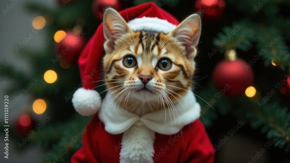 Portrait of cute tabby cat in a Santa Claus clothes and hat looking at the camera against the blurred background of Christmas tree lights. Holiday card. Copy space. New Year concept. Domestic animal Portrait of cute tabby cat in a Santa Claus clothes and hat looking at the camera against the blurred background of Christmas tree lights. Holiday card. Copy space. New Year concept. Domestic animal