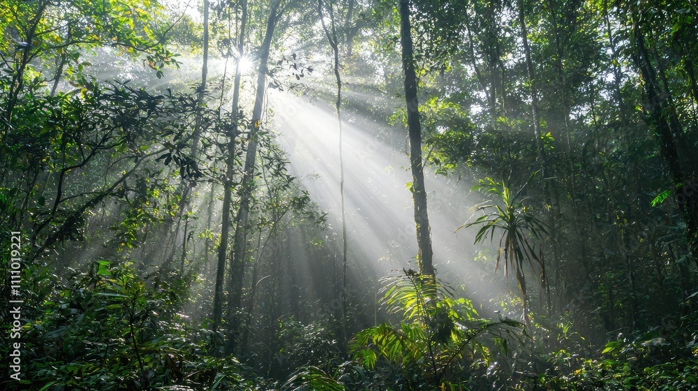 Lush Green Jungle with Sunlight Streaming Through Dense Canopy, Illuminating the Vibrant Foliage and Creating a Serene Wilderness Atmosphere Lush Green Jungle with Sunlight Streaming Through Dense Canopy, Illuminating the Vibrant Foliage and Creating a Serene Wilderness Atmosphere