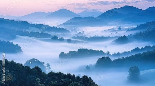 Ethereal Morning Mist Over Rolling Hills and Valleys with Soft Blue Hues and Gentle Mountains Under a Twilight Sky in Serene Nature Landscape