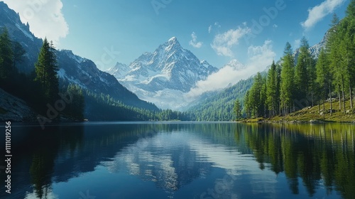 Majestic Mountain Landscape with Reflections in Calm Lake Surrounded by Lush Forest and Dramatic Sky, Showcasing Natural Beauty and Tranquility