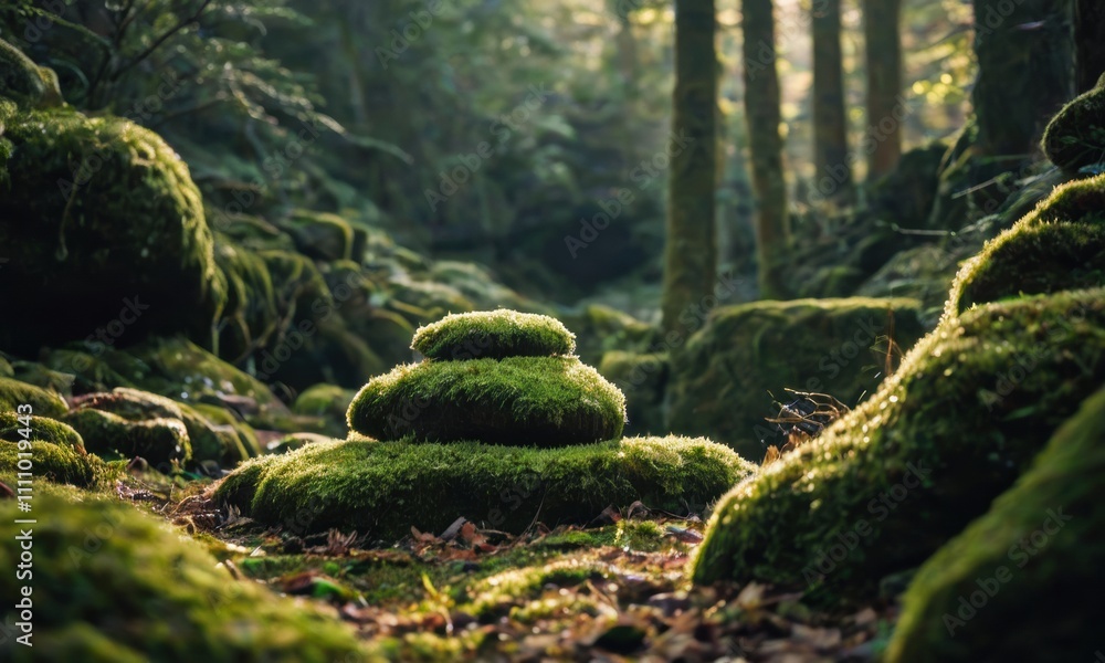 Tranquility in the Forest: A serene scene of stacked moss-covered stones, bathed in the soft glow of sunlight filtering through a dense forest. Tranquility in the Forest: A serene scene of stacked moss-covered stones, bathed in the soft glow of sunlight filtering through a dense forest.