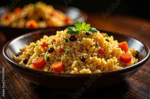 Aromatic Uzbek pilaf with lamb, carrots, spices; traditional Central Asian dish.