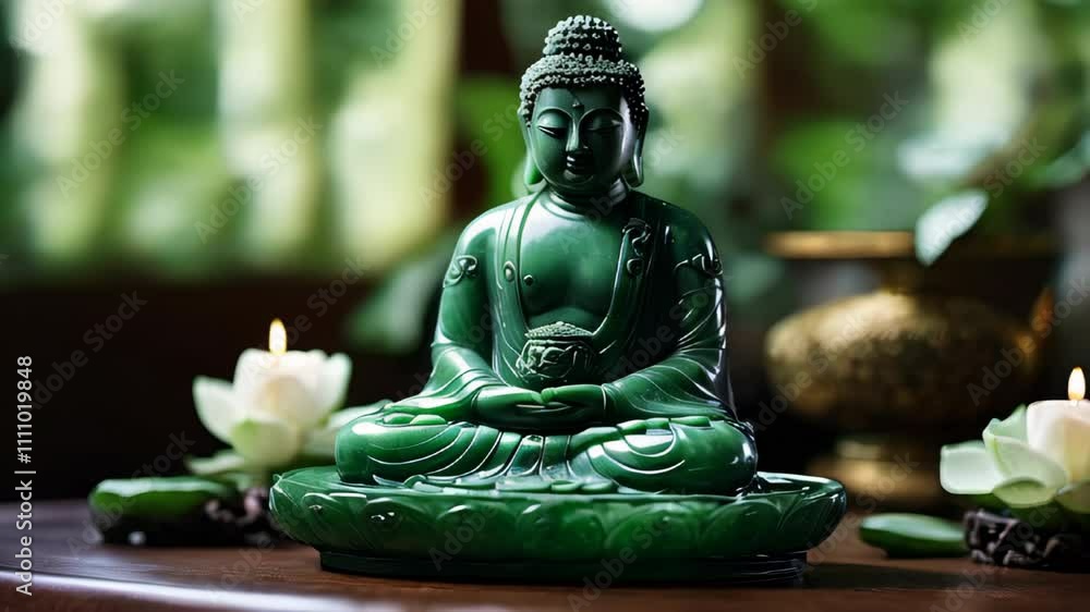 A green jade Buddha statue sits in a tranquil space, surrounded by candles and blooming lotus flowers, creating a peaceful atmosphere. A green jade Buddha statue sits in a tranquil space, surrounded by candles and blooming lotus flowers, creating a peaceful atmosphere.
