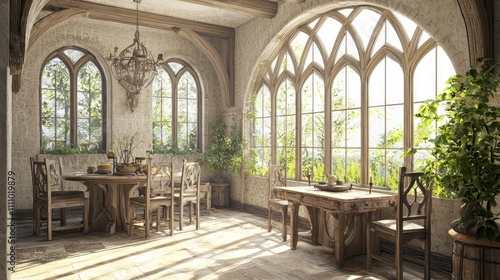 A Cozy Medieval-Inspired Breakfast Nook with Rustic Wooden Furniture and Large Windows for Morning Meals | Ultra-Detailed Interior Design