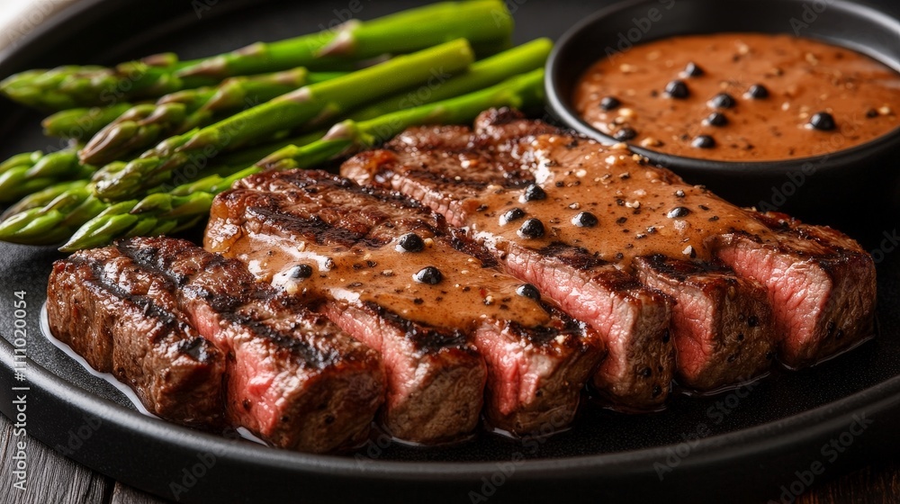 A plate featuring grilled steak, asparagus, and a sauce, emphasizing a gourmet meal. A plate featuring grilled steak, asparagus, and a sauce, emphasizing a gourmet meal.